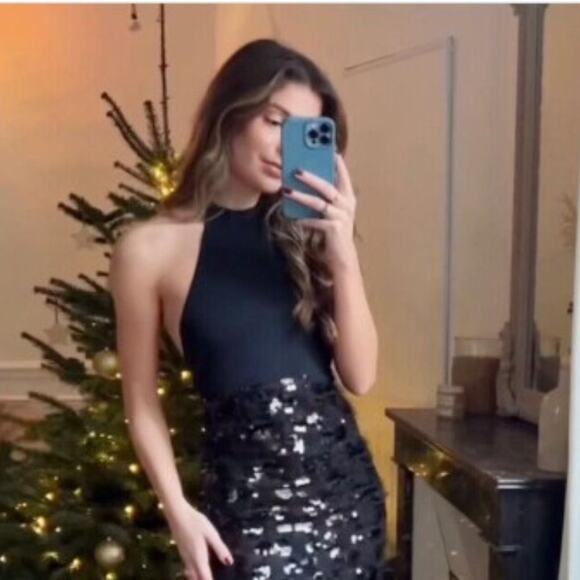 Zara Black Sequin & Faux Feather Halter Midi Dress Size Small - Picture 4 of 14